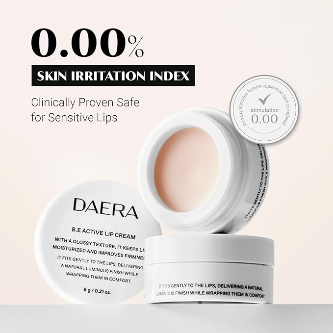 Daera B.E Active Lip Cream 6g, Hydrating, Moisturizing & Plumping Korean Overnight Sleeping Mask for Dry Lips, Glossy Finish, Natural Ingredients, Non-Irritating, Gentle for Sensitive Skin