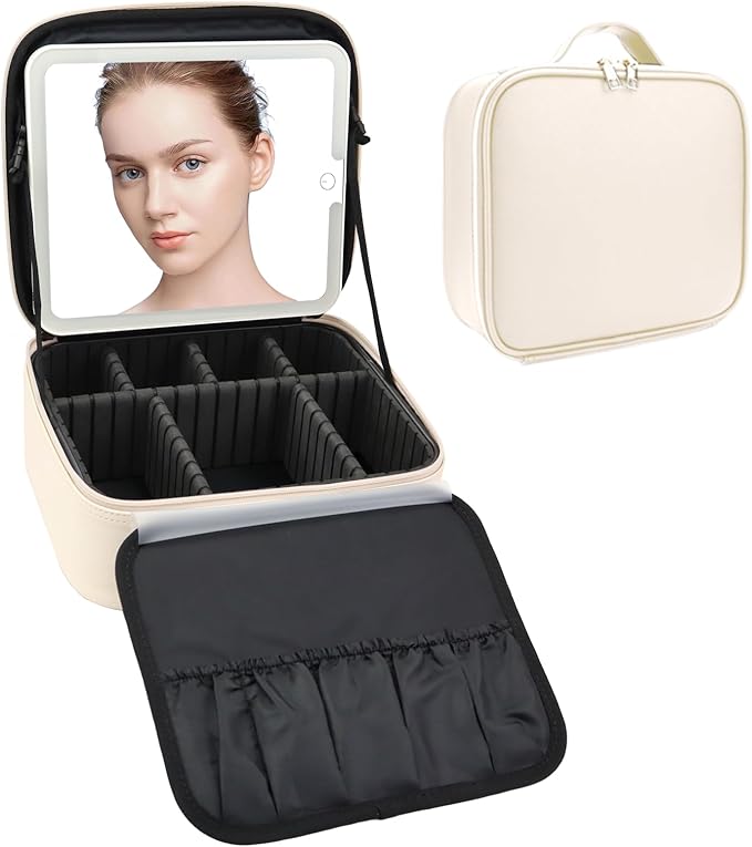 SLUMAZI Travel Makeup Bag with LED Mirror Travel Makeup Organizer with 3 Lighted Settings, Adjustable Dividers and Makeup Brush Storage Bag White