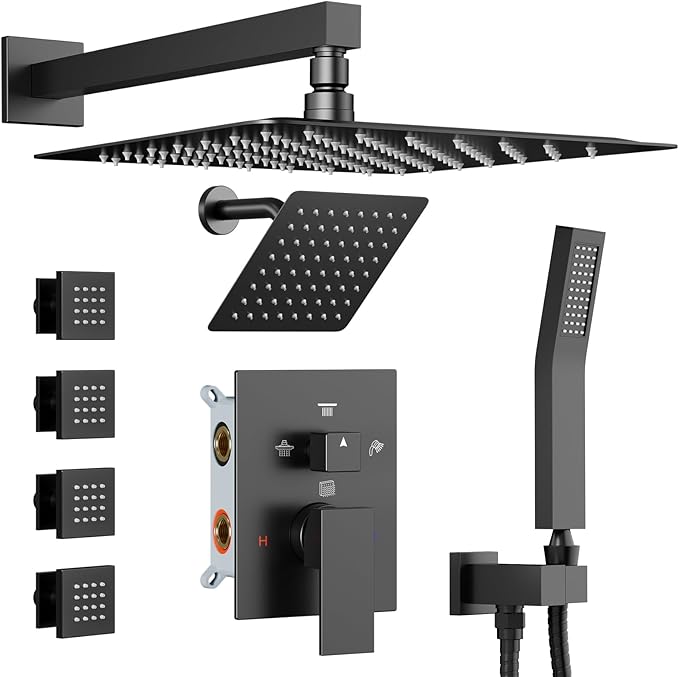 Shower Systems with 4 Body Spray Jets, STARBATH 4 Way 12+6" Rainfall Shower Head with Handheld Combo, Wall Mounted Shower Jets System Shower Faucet Sets Complete, Matte Black