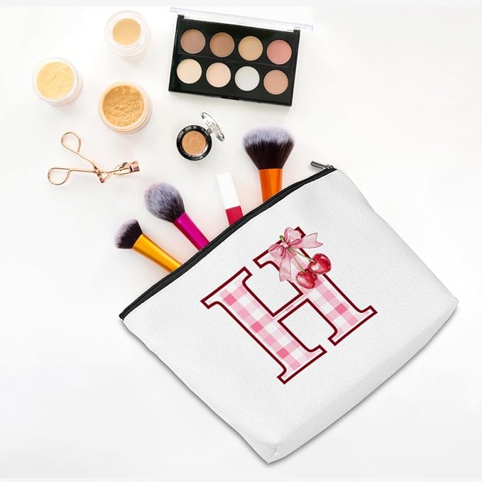 CQM Initial Makeup Bag Monogram Cosmetic Bag Monogrammed Gifts for Women Girls Friends Coworker Girlfriend Personalized Travel Toiletry Bag Christmas Bridal Shower Wedding Bridesmaid Gifts, Cherry H