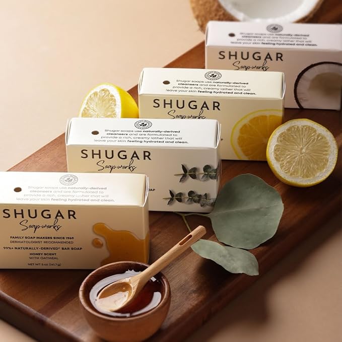 Shugar Soapworks Oatmeal & Honey 5 oz Beauty Bar Soap 8-Pack | Plant-Based Vegan Formula | Sulfate & Paraben Free | Gentle Exfoliating Cleanser with Finely Ground Oatmeal Flakes