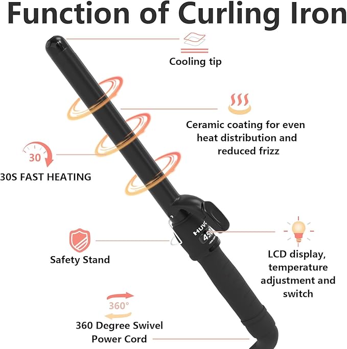 1 Inch Curling Iron - Ceramic Curling Iron, Fast Heat Function LCD Display 180°F-450°F Adjustable, Long Lasting Beach Waves, Dual Voltage Curler, Heat Resistant,Black