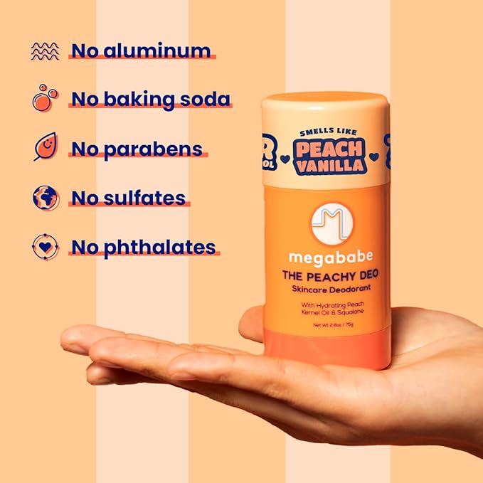Megababe Skincare Deodorant - The Peachy Deo with 72 hour Odor Protection | Hydrating Peach Kernel Oil & Squalane | Aluminum-Free, All Natural | 2.6 oz