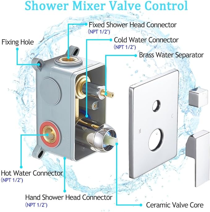 annazom Shower Faucet Set Polished Chrome Surface Large 12 Inch Shower Head Handheld Shower Combo Set High Pressure Recessed Wall Mount, Chrome