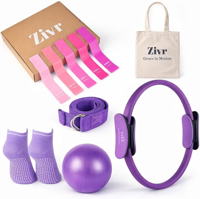 Pilates Ring and Ball Set for Home Workout – Pilates Kit for Full Body Toning & Flexibility with 15” Pilates Ring, Pilates Ball, Non-Slip Socks, Stretching Strap, 5X Resistance Bands & Tote Bag