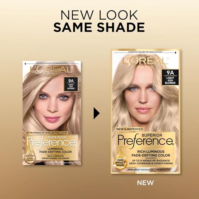 L'Oreal Paris Superior Preference Luminous Fade-Defying Permanent Hair Color, Hair Dye For Up to 9 Weeks of Radiance, Light Ash Blonde 9A, 1 Hair Dye Kit