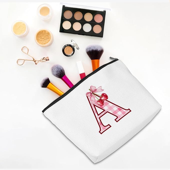 CQM Initial Makeup Bag Monogram Cosmetic Bag Monogrammed Gifts for Women Girls Friends Coworker Teacher Personalized Travel Toiletry Bag Christmas Bridal Shower Wedding Bridesmaid Gifts, Cherry A