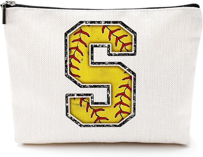 CQM Softball Gifts Initial Makeup Bag Monogrammed Cosmetic Bag Letter S Zipper Pouch Softball Accessories for Girls Women Player Coaches Friend Graduation Birthday Gifts