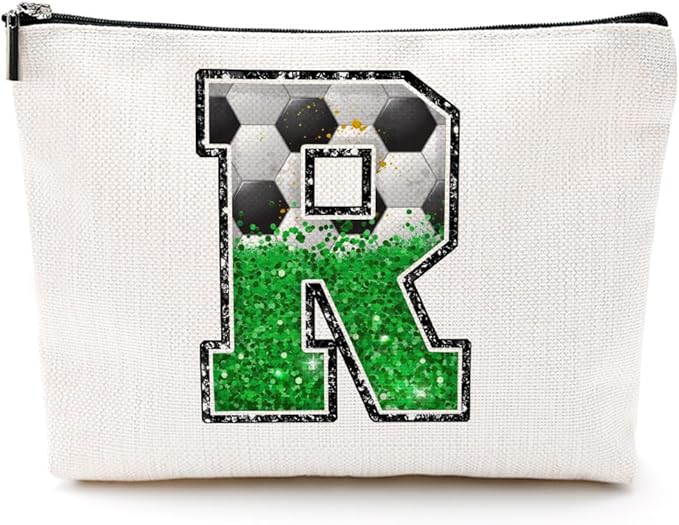 CQM Soccer Gifts Initial Makeup Bag Monogrammed Cosmetic Bag Letter R Zipper Pouch Soccer Accessories for Girls Women Player Coaches Friend Graduation Birthday Gifts