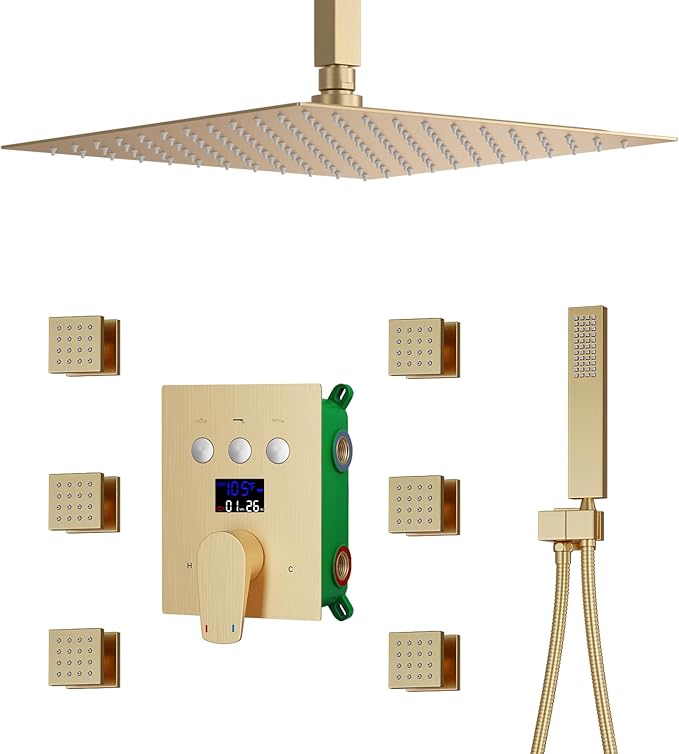 WHSHOWER Digital Display Shower Faucet Set With 12 Inch Rainfall Shower Head,Brass Handheld Sprayer And 6pcs Body Jets,Full Body Shower System (Brushed Gold)