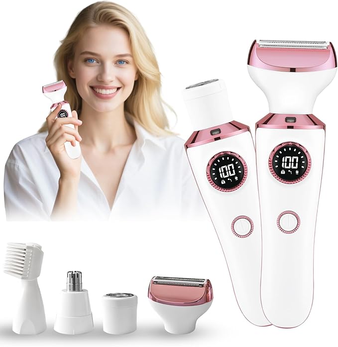 4-in-1 Electric Razor & Bikini Trimmer for Women - Rechargeable Wet/Dry Body Shaver for Face, Legs, Underarms, Pubic Hair, IPX6 Waterproof with LED Light & Travel Lock