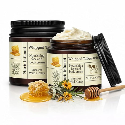 2PCS Beef Tallow for Skin, Grass-Fed Beef Tallow Balm with Raw Honey, Whipped Tallow Face & Body Cream, Natural Moisturizing Tallow Balm, Hydrating Organic Skin Care for Dry, Sensitive & Mature Skin
