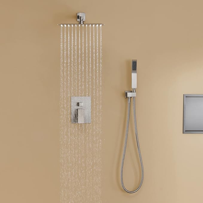 Artiqua Rain Shower System 12 Inches Shower Combo Set Brushed Nickel Wall Mount Faucet Bathroom Faucets with Rainfall Shower Head and Hand Shower