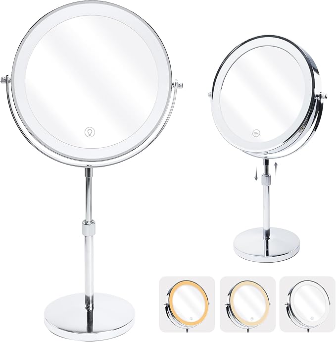 Magnifying Mirror with Light，1X/10X Double Sided Makeup Mirror with Lights and Magnification with Adjustable Height and 3 Colors Vanity Mirror with Lights for Vanity or Bathroom