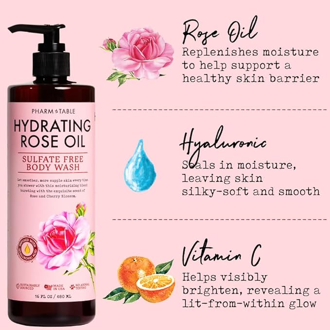 PHARM TO TABLE Hydrating Rose Oil Body Wash for Women and Men - Hydrates and Brightens the Skin, Sulfate Free, 100% Cruelty Free, 480ml