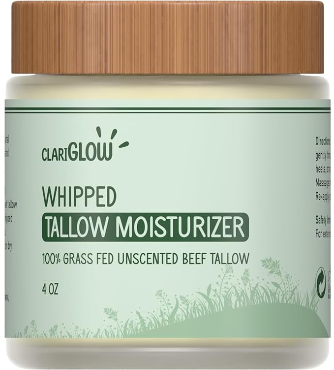 Clariglow Whipped Beef Tallow Skin Moisturizer - Unscented Grass Fed Organic Beef Tallow Face Cream - Honey Balm & Jojoba Oil - 4 oz
