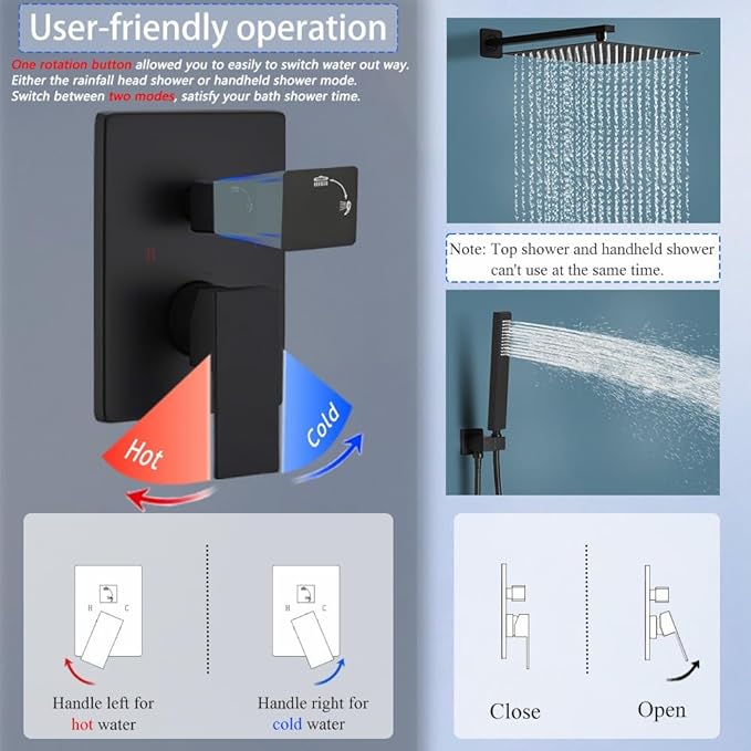 YCAIKOI Shower Faucet Set 16 Inch Wall Mount Rain Shower System, All Metal Shower Fixtures - Matte Black