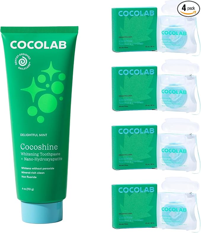 Cocolab Cocofloss Oral-Care Set, 4 Spools Dental Floss & 1 Cocoshine, Woven String Floss with Coconut Oil, Powerful Whitening Toothpaste, Dentist-Designed, Delightful Mint