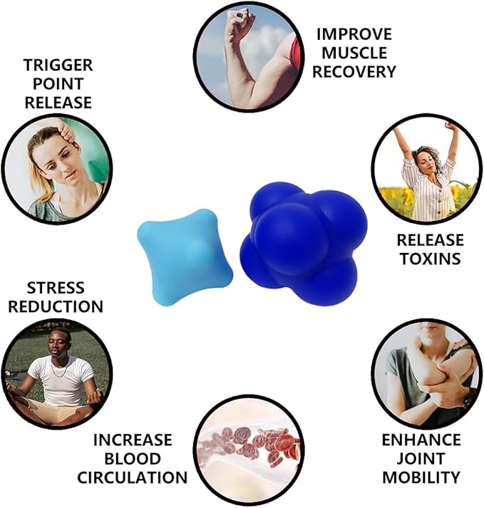 Set of 2 Massage Balls, Reflex Ball for Hand Eye Coordination Training and Six Point Spike Massage Ball for Deep Muscle Relief, Suitable for Hands, Feet and Back (Dark Blue/Blue)