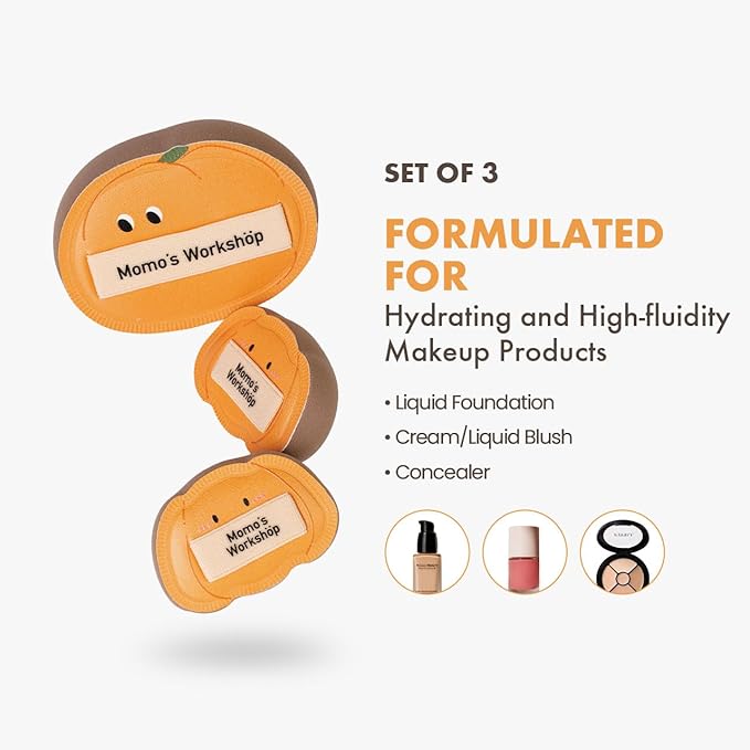 Momo's Workshop Cute Pumpkin Makeup Sponge 3-Pack, High-Density Rubycell for Cream Skin Finish, 1 Large + 2 Mini for Foundation & Concealer, Soft & Elastic for Dry Skin,Travel-Friendly