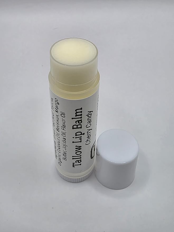 Tallow Lip Balm (Cherry Candy) Handmade Grass Fed Beef Tallow Lip Balm with Nourishing Oils (3 Pack)