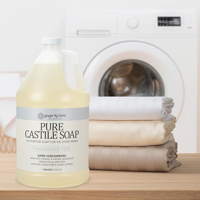 Ginger Lily Farms Botanicals Pure Castile Liquid Soap Refill, Fragrance-Free, 1 Gallon, All-Purpose Cleaner for Body, Face, Hair, Dishes, Laundry & Pets, Non-GMO, 100% Vegan & Cruelty-Free