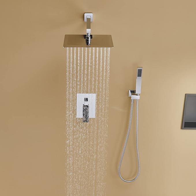 Artiqua Rain Shower System 12 Inches Shower Combo Set Chrome Wall Mount Faucet Bathroom Faucets with Rainfall Shower Head and Hand Shower