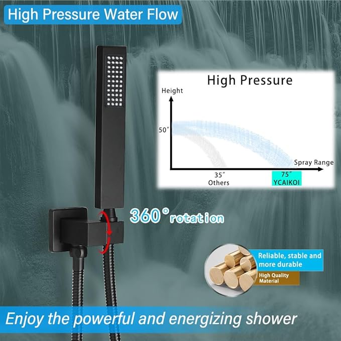 YCAIKOI Shower Faucet Set Complete, Wall Mount Shower System for Bathroom 12 Inch High-Pressure Rainfall Shower with Handheld, Rough-in Valve Body and Trim Kit, Matte Black