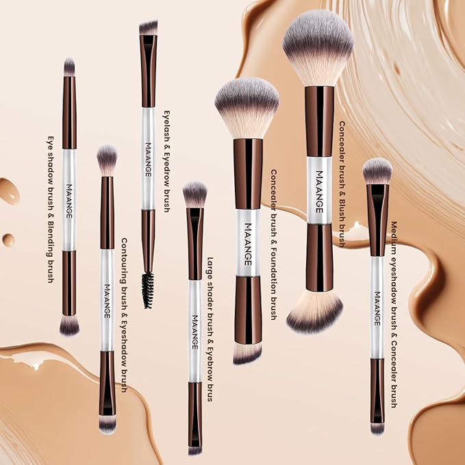 MAANGE 7 PCS Foundation Makeup Brush Set With Bag, Make up Brushes, Eyeshadow Concealer Brush, Double-ended Foundation Contour Powder Blush, Professional Face brush Set Tools For Liquid,Cream (White)