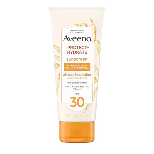 Aveeno Protect + Hydrate Moisturizing Sunscreen Lotion with Broad Spectrum SPF 30 & Prebiotic Oat, Weightless Sweat & Water-Resistant Full Body Sunscreen, Oxybenzone-Free, 3.0 fl. oz