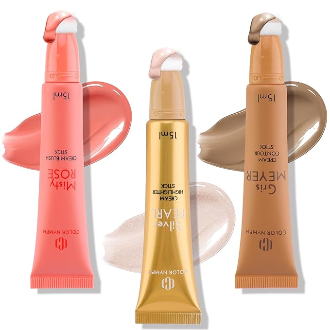 Color Nymph Liquid Makeup Wand Combo, Hydrating Light Tan Contour Glow Liquid Highlighter Pigmented Blush For Cheeks Fine Texture Natural Blend Long Lasting (Light Tan Contour+Blush+Highlighter)