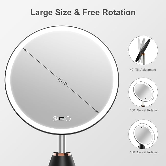 10.5" Professional Makeup Mirror with Lights, Rechargeable HD Vanity Mirror, CRI≥98 True-Sunlight, 3 Color Modes & Stepless Dimming, 5000mAh, Valentines Day Gifts for Her