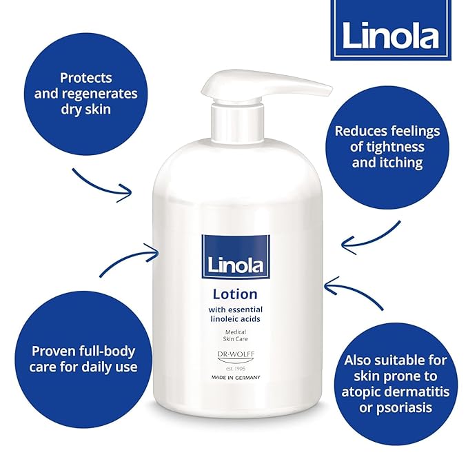 Linola Lotion - Body Lotion with Essential Linoleic Acids - for the Daily Care of Dry & Stressed Skin - Protects & Regenerates Dry Skin - Made in Germany - Vegan - 500 ml (16.9 Fl Oz)