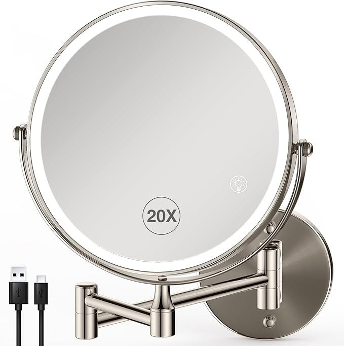 Magnifying Mirror with Lights 1X/20X: 8.5" Double Sided 2000mAh Rechargeable Wall Mounted Lighted Makeup Mirror for Bathroom, Brushed Nickel