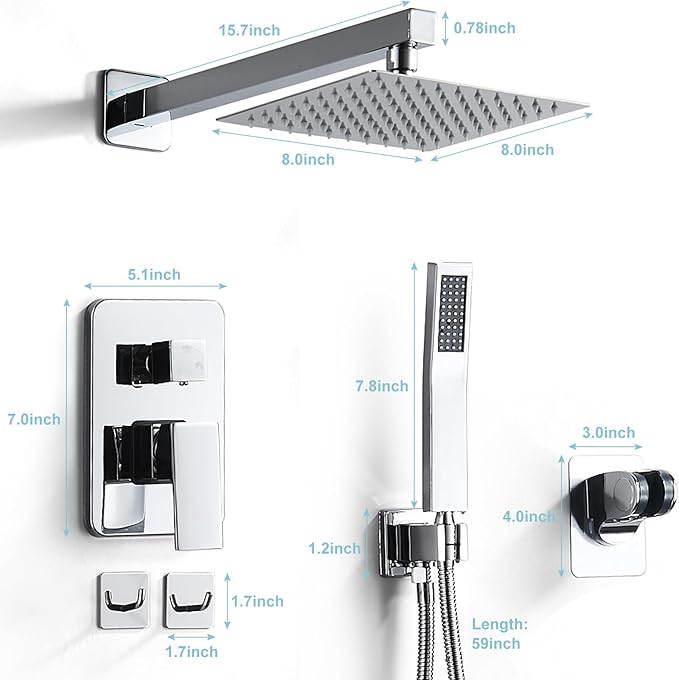 RTTWYYUU Chrome Shower System 8 Inch, Rain Shower Head with Handheld Spray, Luxury Rain Shower Set Square Wall Mount for Bathroom with Rain Shower and Handheld Shower System