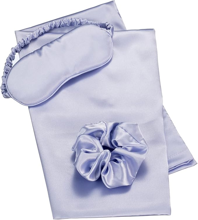 KISMETICS - Vegan Silk Sleep Set, Vegan Silk Pillowcase with Large Scrunchie and Eye Mask for Hair and Skin, Self Care Essential Satin Night Routine Kit (Purple Color)