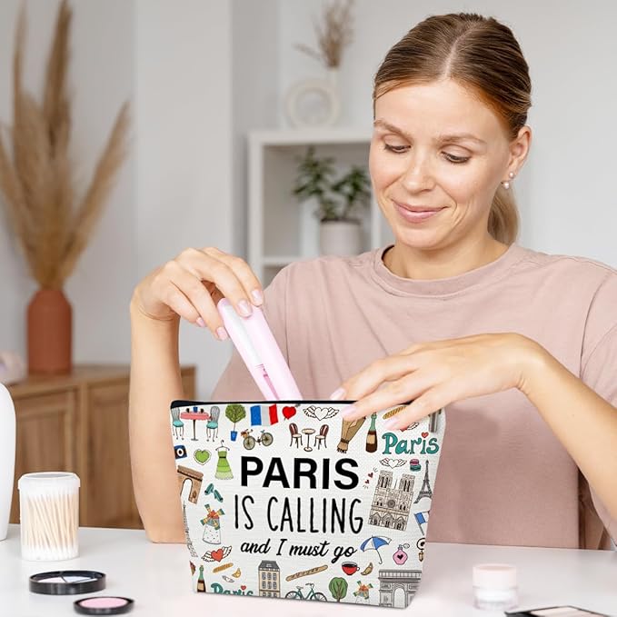 Ythuil Funny Paris Travel Makeup Bag, City Themed Trip Gifts Favors, Trip Lover Gifts For Women Her, Travel Cosmetic Bag For Holiday Vacation, Paris Is Calling And I Must Go