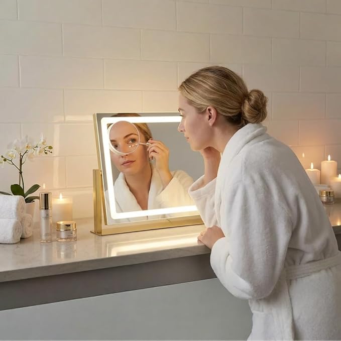 Vanity Mirror with Lights, 16" x 12" Lighted Makeup Mirror with Smart Touch Control, LED Makeup Mirror with 3 Color Lighting Modes, 360° Rotation, 10X Magnification for Tabletop - Gold