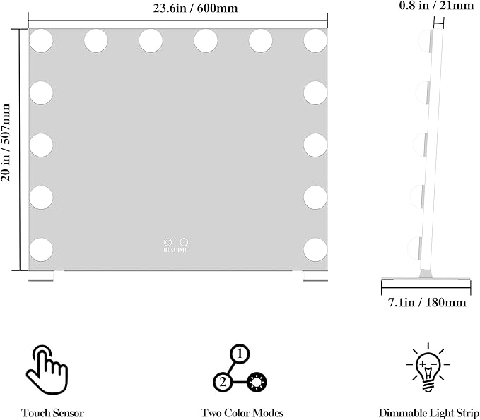 BEAUTME Vanity Mirror with Lights, Lighted Makeup Mirror with 14 Dimmer Bulbs, 2 Color Lighting Mode, Touch Control, Tabletop or Wall Mounted for Bedroom,Dressing Room,Balck 23.6" X 20"