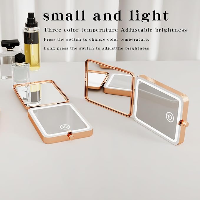 LED Lighted Makeup Mirror with 3X Magnification, Portable Folding Compact Dual-Sided, Travel Pocket and Purse Mirror Size, Perfect for Desk Dorm, Office & Vanity Use, Gifts for Women (Solid color)
