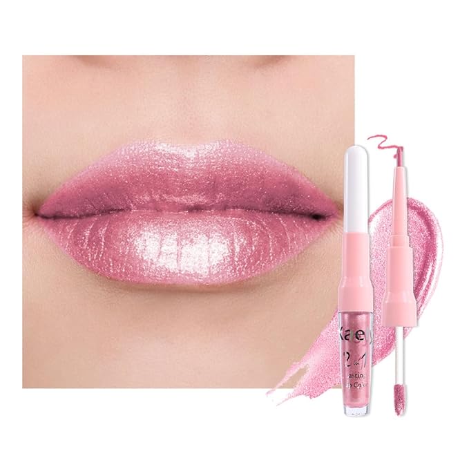 evpct Nude Pink Metallic Glitter Lip Liner and Lipstick Combo Lip Gloss Stain Set Makeup for Women Long Lasting Waterproof 24, Baby Pink Metallic Shimmer Frosted Iridescent Glossy Liquid Lipstick 19