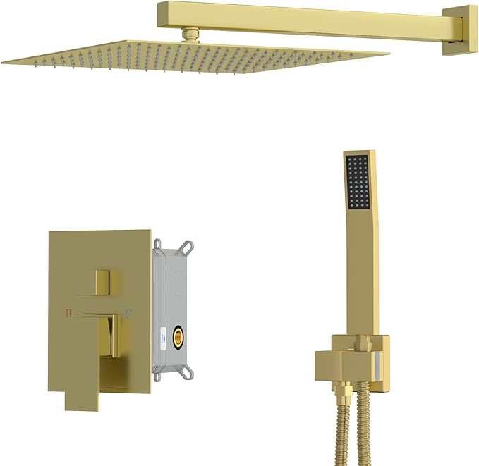 Dcolora 10 In. Rainfall Shower System with Handheld, Gold Shower Faucet Set for Bathroom, Brass Valve, 304 Stainless Steel, Anti-Scald cUPC Certified (Brushed Gold, 10 Inch)