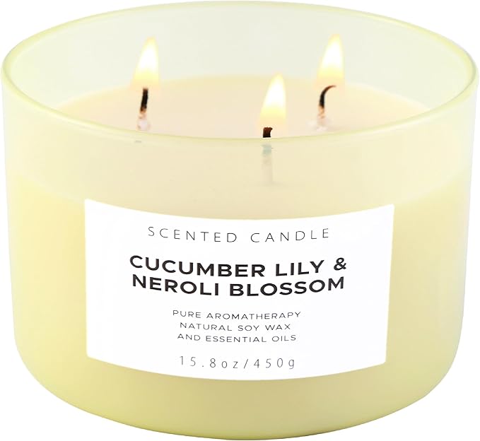 Cucumber Lily & Neroli Orange Blossom 3-Wick Soy Scented Candle, 15.8 oz | Spa Fresh Aromatherapy Candle | Large Scented Candle for Home, Long Lasting & Clean Burning