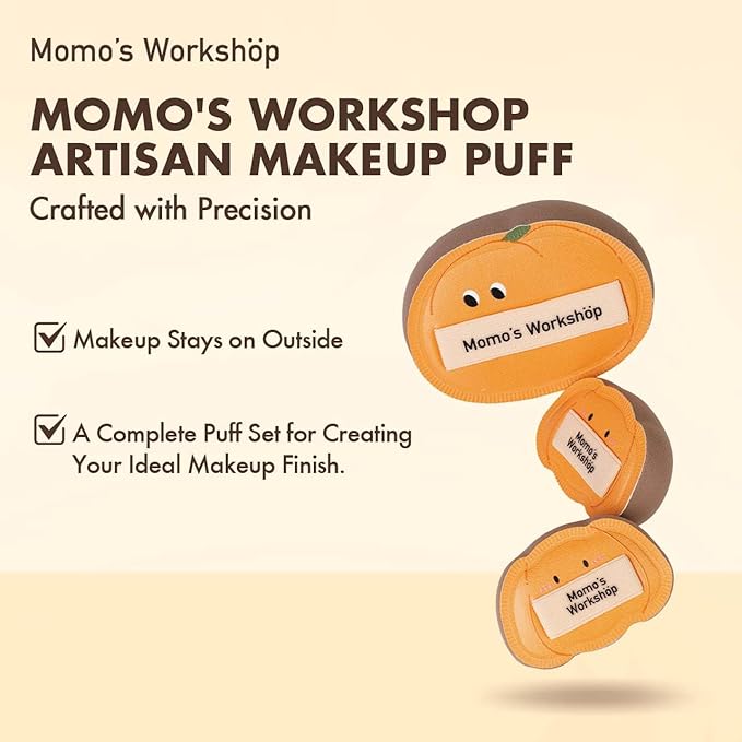 Momo's Workshop Cute Pumpkin Makeup Sponge 3-Pack, High-Density Rubycell for Cream Skin Finish, 1 Large + 2 Mini for Foundation & Concealer, Soft & Elastic for Dry Skin,Travel-Friendly