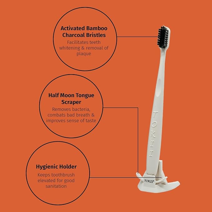 TOKII Tongue Scraper Cleaner Charcoal Bristles Toothbrush for Bad Breath with Waterproof Pouch for Travel, Hygienic Stand and Enviromentally Friendly