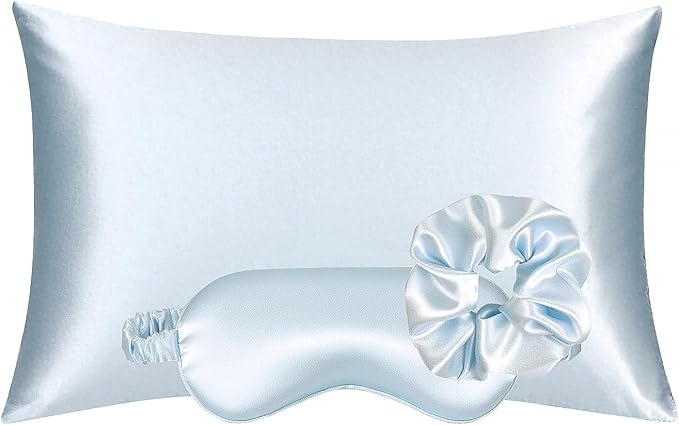 KISMETICS - Vegan Silk Sleep Set, Vegan Silk Pillowcase with Large Scrunchie and Eye Mask for Hair and Skin, Self Care Essential Satin Night Routine Kit (Light Blue Color)