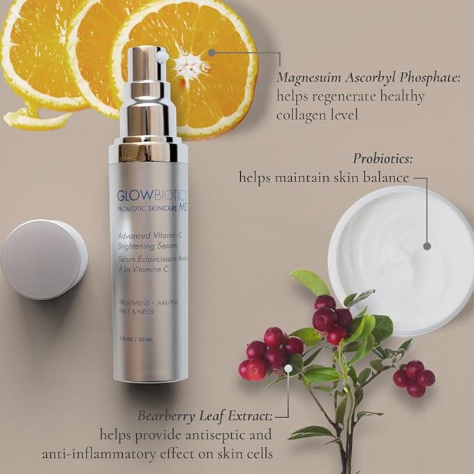 Glowbiotics Advanced Vitamin C Brightening Serum with Probiotics & Hyaluronic Acid – Collagen Boost, Reduces Wrinkles & Dark Spots, Evens Tone – Airless Pump