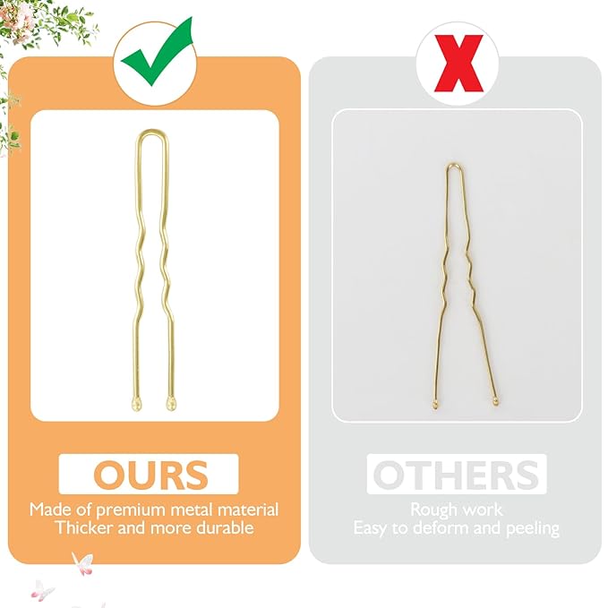 300Pcs U-Shaped Hair Pins in Varying Sizes (2.8IN, 2.4IN, 2IN), Bobby Bun Pins for Women, Kids, and Girls - With Storage Box and 50Pcs Elastic Hair Bands for All Hair Types, Gold