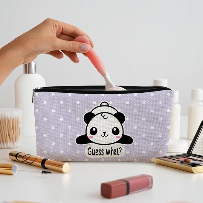 BARPERY Cute Baby Panda Guess What It's Pug Butt Cosmetic Bag, Purple Makeup Case for Teen Girls & Women, Canvas Zipper Pouch