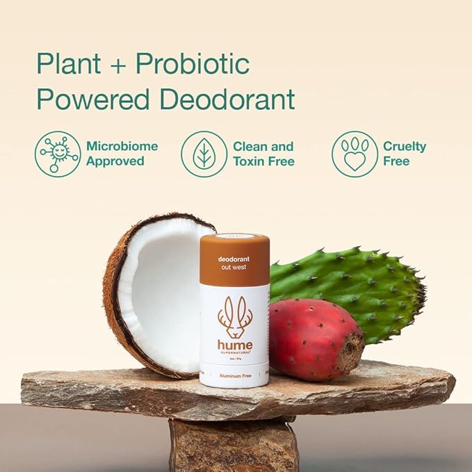 Hume Supernatural Aluminum Free Deodorant for Women & Men - Probiotic and Plant-Based, Long-Lasting Moisture Absorbing - Clean and Effective (Out West - 3 pack)